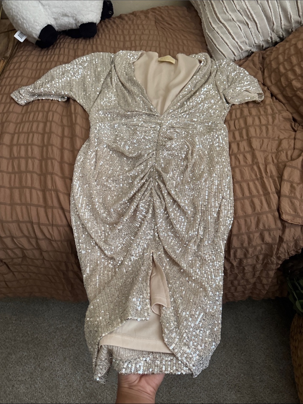 Sequin Ruched V-Neck Midi Dress in Champagne